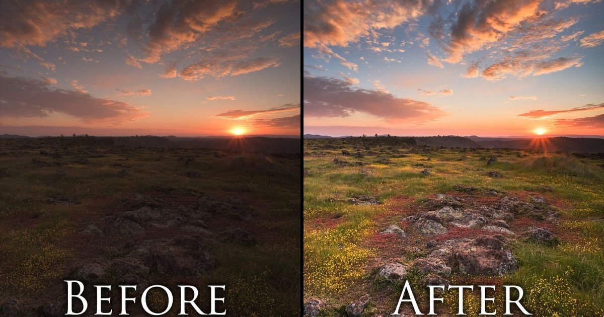 Before and after images of a sunset, highlighting the transition of colors and the beauty of the evening sky.