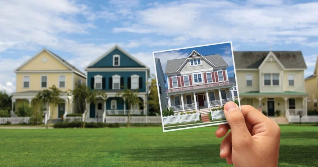 A person stands in a field, holding a photo of a house, showcasing a connection between home and nature.