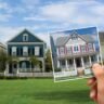 A person stands in a field, holding a photo of a house, showcasing a connection between home and nature.