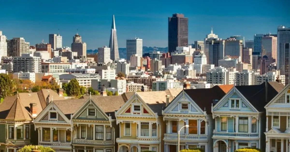 A panoramic view of San Francisco featuring its famous skyline and landmarks, set against a bright blue sky.