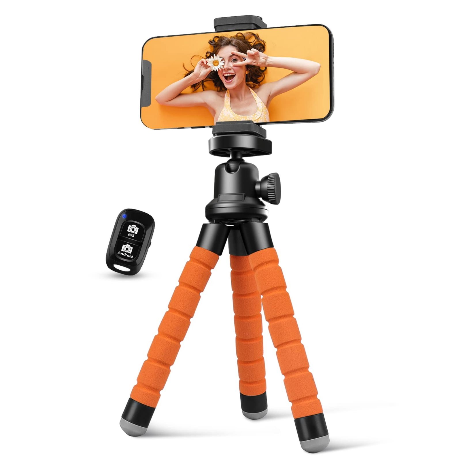 A versatile tripod holding a camera, providing steady support for capturing clear photos. Adjustable legs and head allow for different angles and heights.