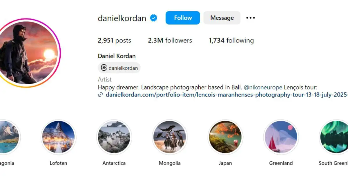 David Gordon's Instagram account displaying a collection of his work and personal moments.