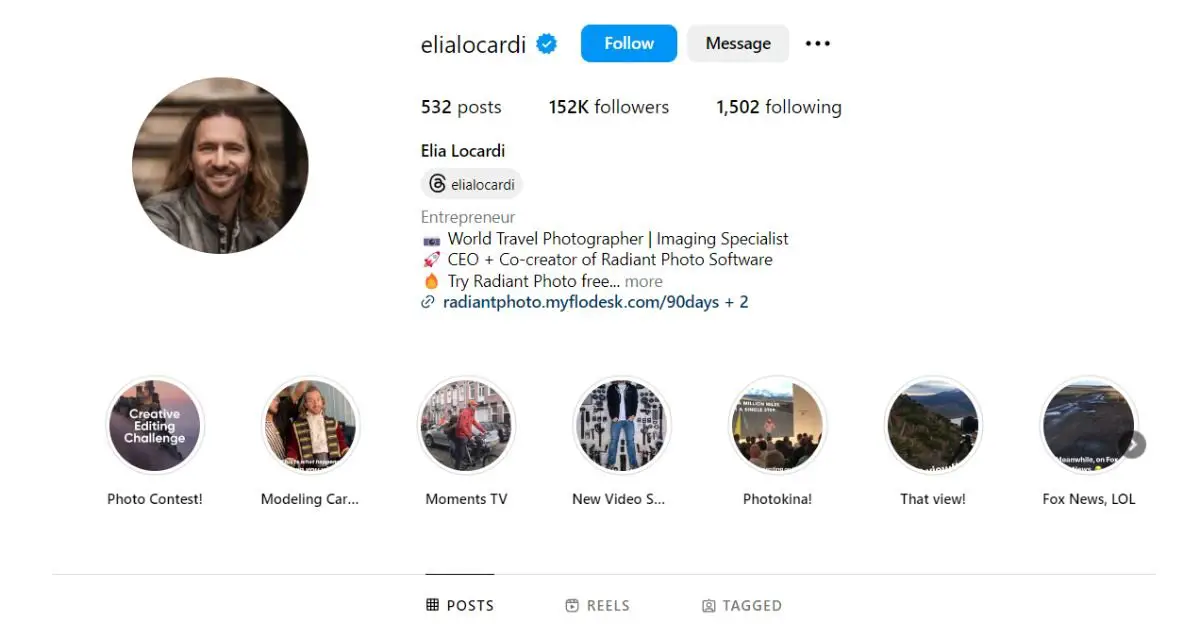 Instagram profile screenshot of Elia Locardi, highlighting a bearded man and his engaging content.