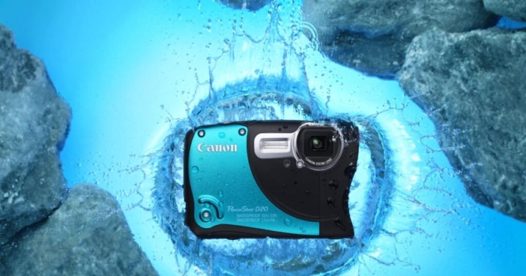 A submerged Arti Waterproof camera surrounded by rocks, capturing the underwater scene in clear detail.