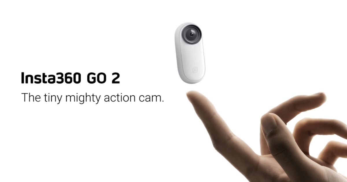 A compact action camera labeled "Insta360 Go 2," showcasing its 360-degree capabilities in a sleek design.