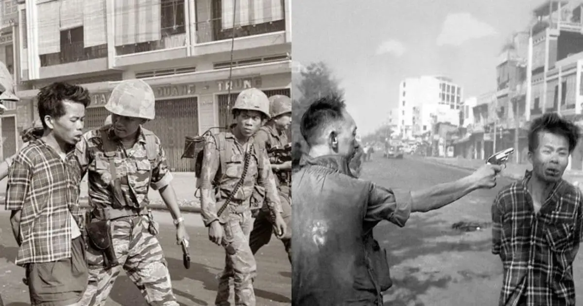 Two images of soldiers alongside a photograph of a man holding a gun, showcasing the work of renowned war photographers.